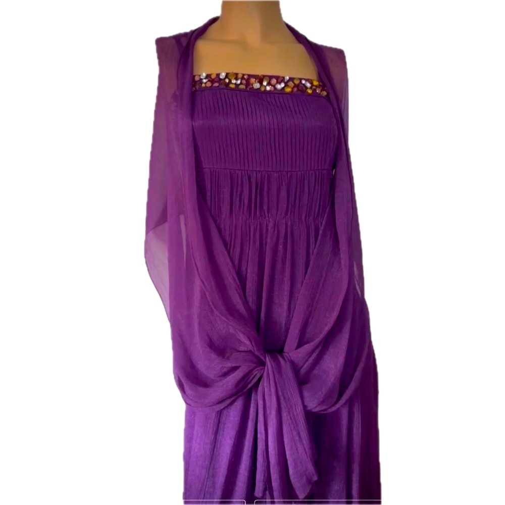 Vintage 80s Purple Maxi Gown Dress Chiffon Beaded Empire Waist (15 Inch PTP)